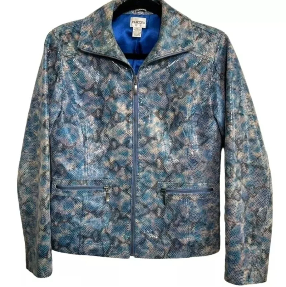 Chicos leather blue snakeskin print moto jacket women size 1.5 - Picture 3 of 10